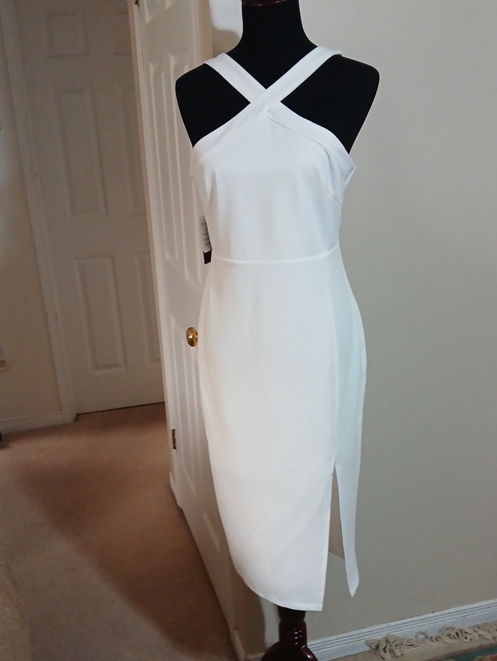 White Cross-Strap Midi Sheath Dress